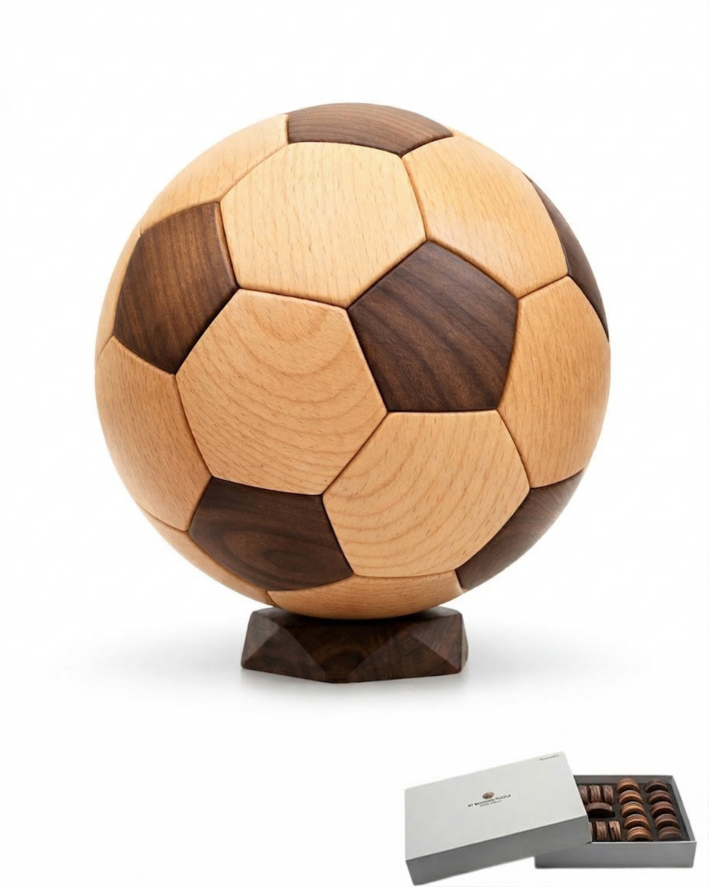 3D Wooden Soccer Ball Puzzle：Beech and walnut