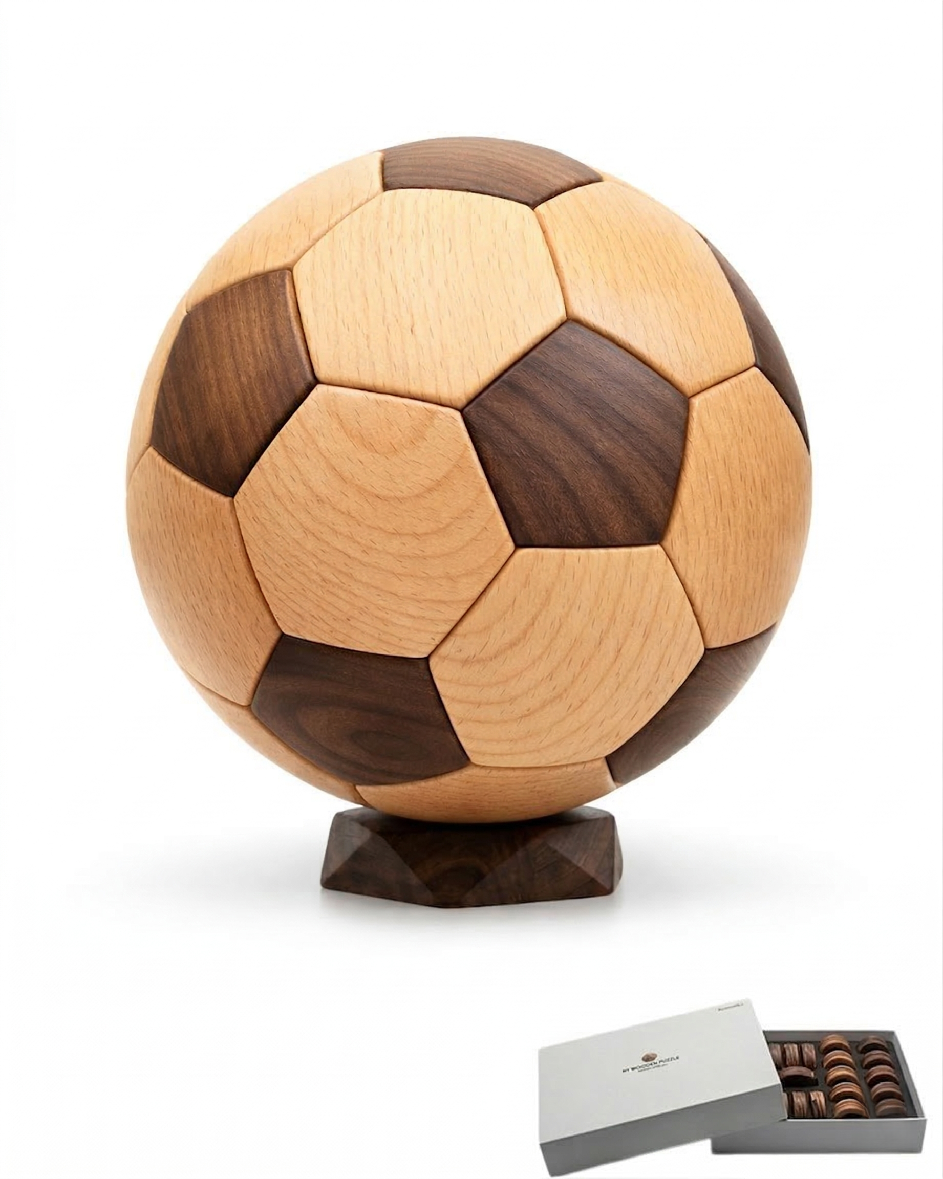3D Wooden Soccer Ball Puzzle：Beech and walnut
