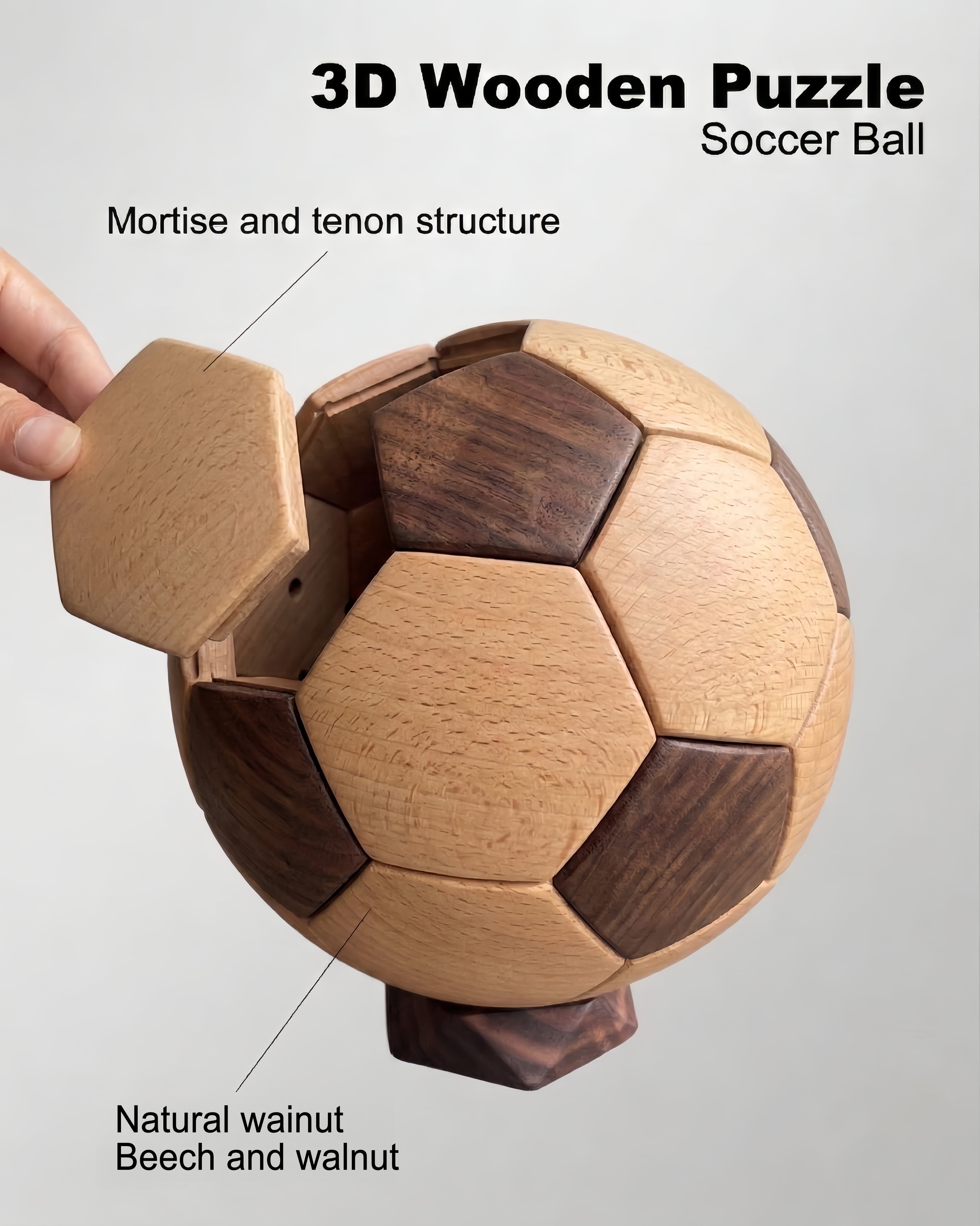 3D Wooden Soccer Ball Puzzle：Beech and walnut